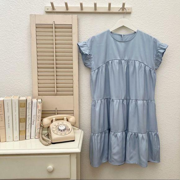 Tiered Baby Doll Dress, Ruffle Sleeves, Soft Blue, Effortless & Feminine… - Picture 3 of 9